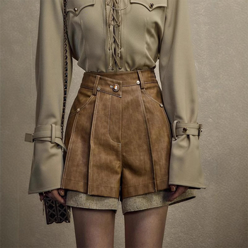 Jesen-zima 2024 šortsevi s kožnim zakrpama, retro stil Chanel inspiriran, otisak Dead Leaf Butterfly, stražnji elastični pojas