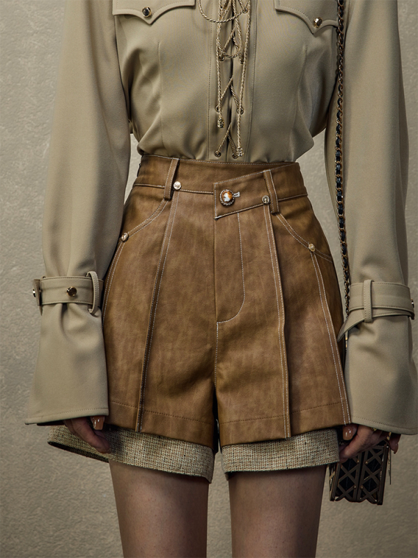 Jesen-zima 2024 šortsevi s kožnim zakrpama, retro stil Chanel inspiriran, otisak Dead Leaf Butterfly, stražnji elastični pojas