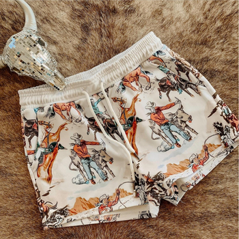 Ženske denim-look šorts s ranch otiskom, prozračne, sa šnúrkou na pas, tročetvrtinska duljina, casual stil