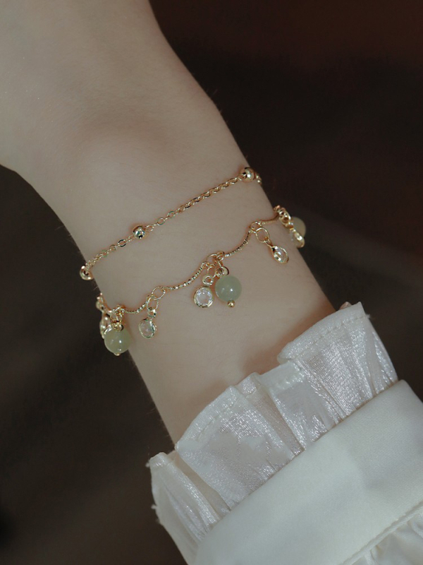 Dvostruki narukvica od Hetian jade s kristalnim ukrasima, elegantan lagan luksuz za žene, nakit za najbolje prijateljice