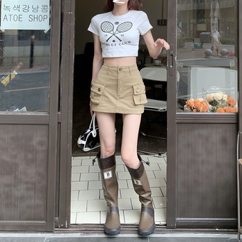 Khaki denim suknja u radnom stilu, A-linija, visoki pojas, kratka, retro dizajn