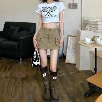 Khaki denim suknja u radnom stilu, A-linija, visoki pojas, kratka, retro dizajn