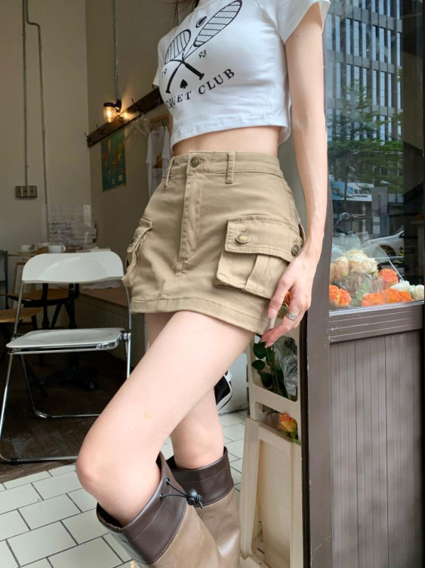 Khaki denim suknja u radnom stilu, A-linija, visoki pojas, kratka, retro dizajn
