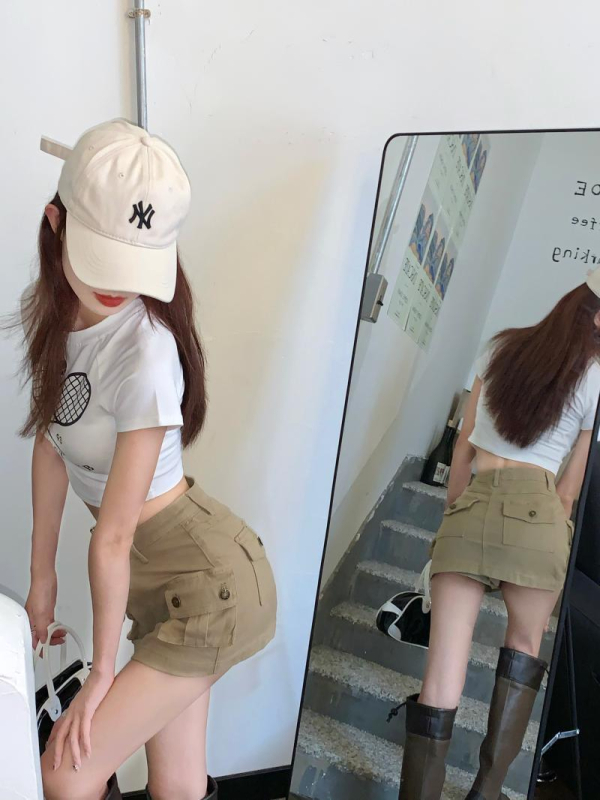 Khaki denim suknja u radnom stilu, A-linija, visoki pojas, kratka, retro dizajn