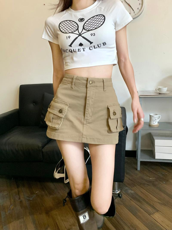 Khaki denim suknja u radnom stilu, A-linija, visoki pojas, kratka, retro dizajn
