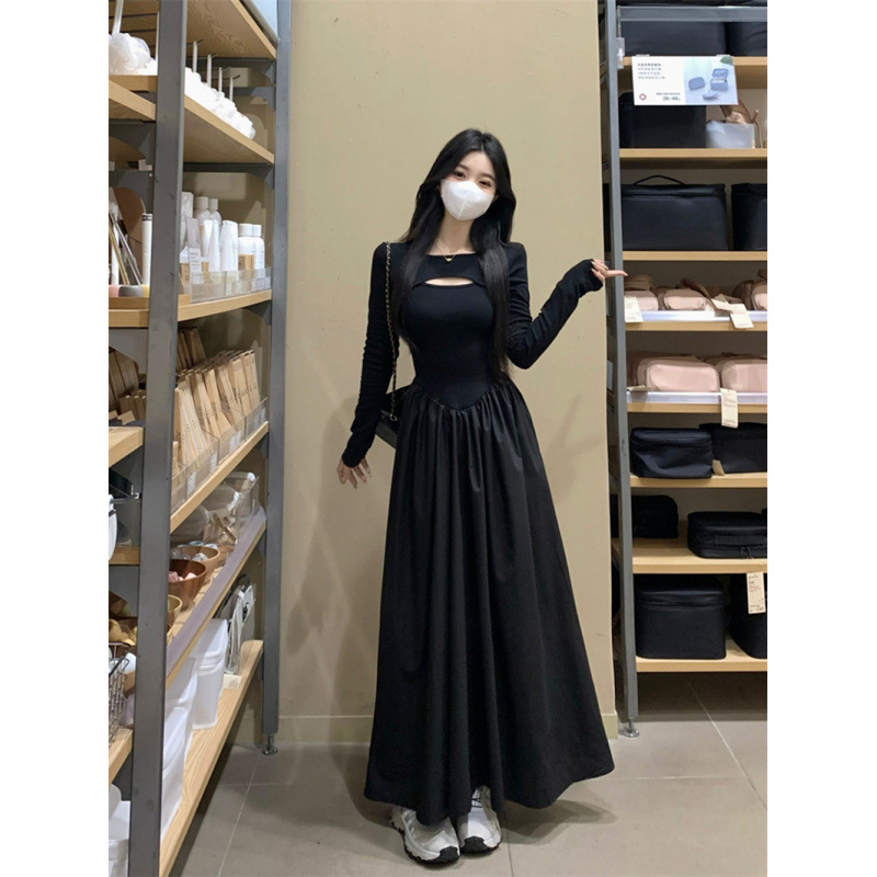 Plus-size crna haljina s panelnim pletenim dizajnom, jesenski stil, laskava duga silueta