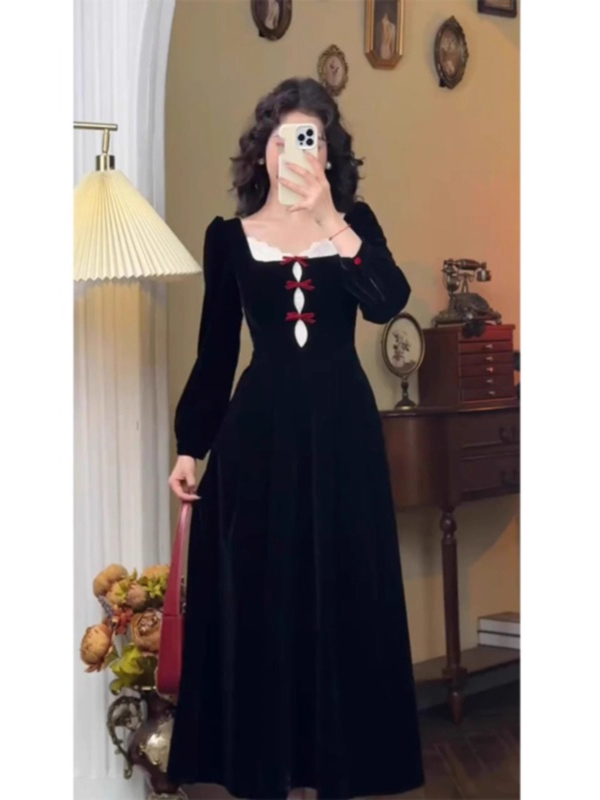 Jesenja plus-size duga haljina u francuskom Hepburn stilu, čipka i baršun, vitak struk, A-linija