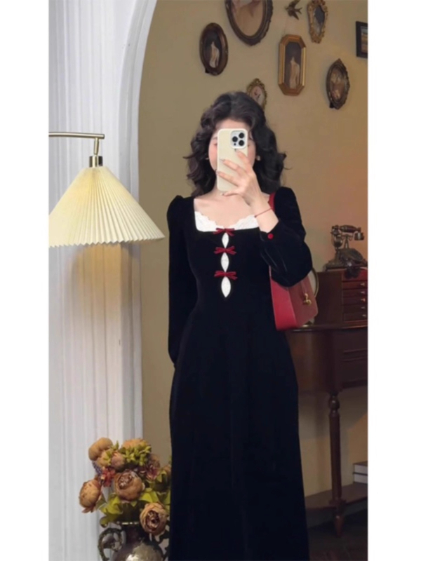 Jesenja plus-size duga haljina u francuskom Hepburn stilu, čipka i baršun, vitak struk, A-linija