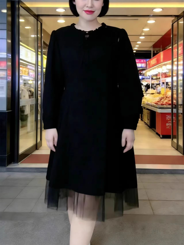 Plus-size zimska haljina s flis podstavom, duga A-linija, uski kroj, korejski stil, dugi rukavi, viskozna tkanina