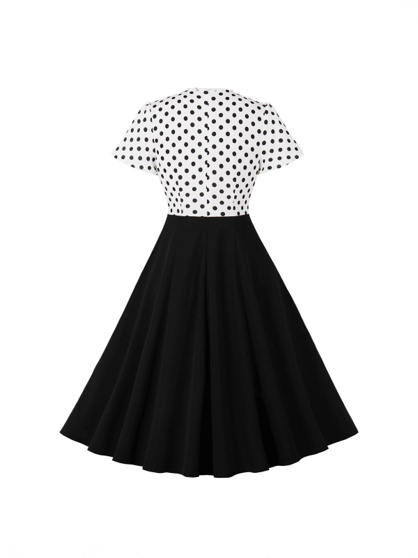 Mi xinni Hepburn-stilizirana retro haljina s točkama i mašnom, plisirana, midi A-linija, okrugli izrez, kratki rukavi, visok pojas, poliester, plus veličina