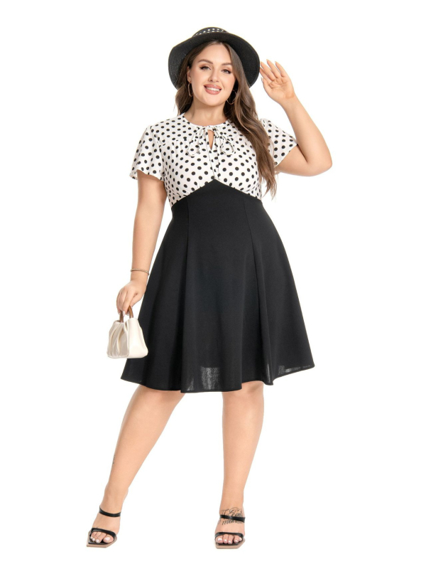 Mi xinni Hepburn-stilizirana retro haljina s točkama i mašnom, plisirana, midi A-linija, okrugli izrez, kratki rukavi, visok pojas, poliester, plus veličina