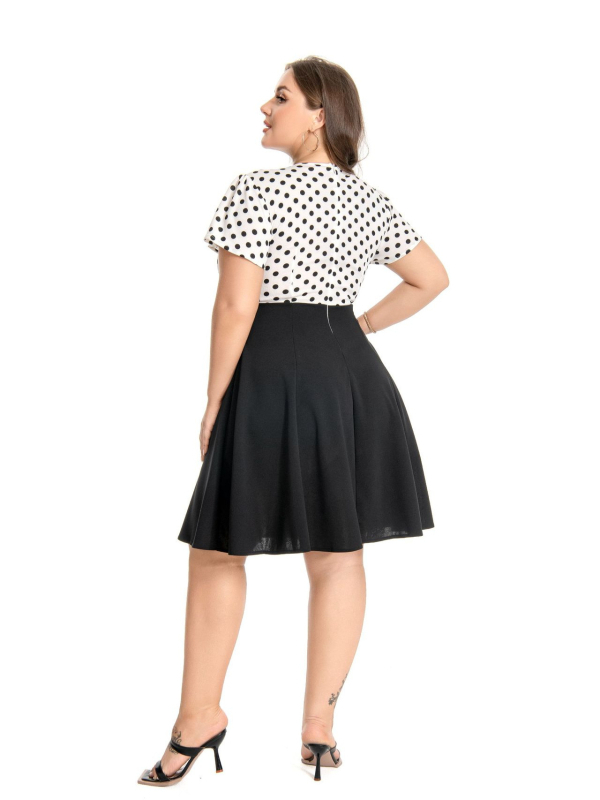 Mi xinni Hepburn-stilizirana retro haljina s točkama i mašnom, plisirana, midi A-linija, okrugli izrez, kratki rukavi, visok pojas, poliester, plus veličina
