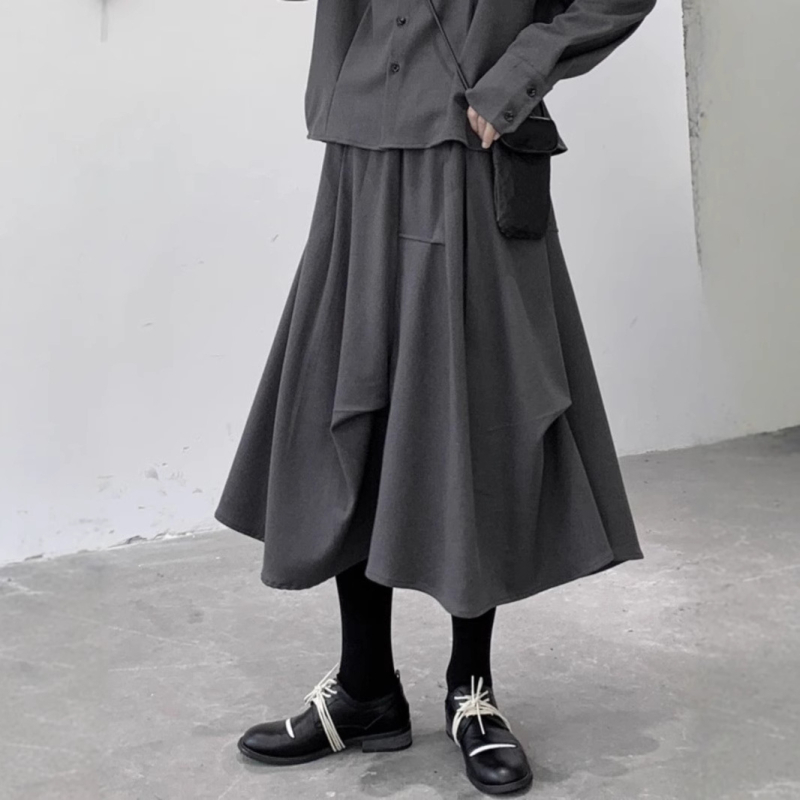 Ženska plisirana suknja u japanskom stilu, inspirirana Yamamoto stilom, siva, ležerna A-linija, retro dizajn