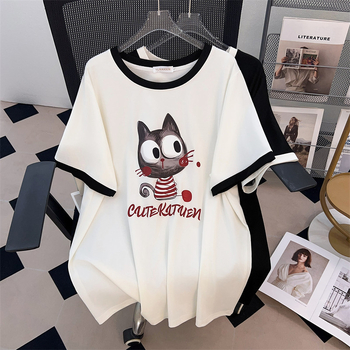 Ženski T-shirt s okruglim izrezom, plus veličina, udobnog kroja, srednje duljine, kratki rukav, pamuk