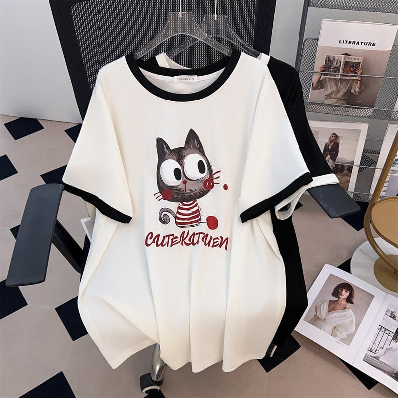 Ženski T-shirt s okruglim izrezom, plus veličina, udobnog kroja, srednje duljine, kratki rukav, pamuk