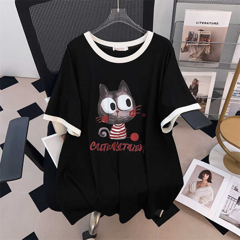 Ženski T-shirt s okruglim izrezom, plus veličina, udobnog kroja, srednje duljine, kratki rukav, pamuk