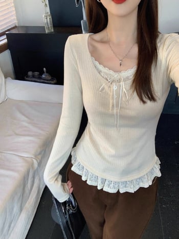 Top s čipkom za plus veličine, lažni dvodijelni izgled, dugi rukavi, jesen-zimski korejski stil, svestran gornji dio