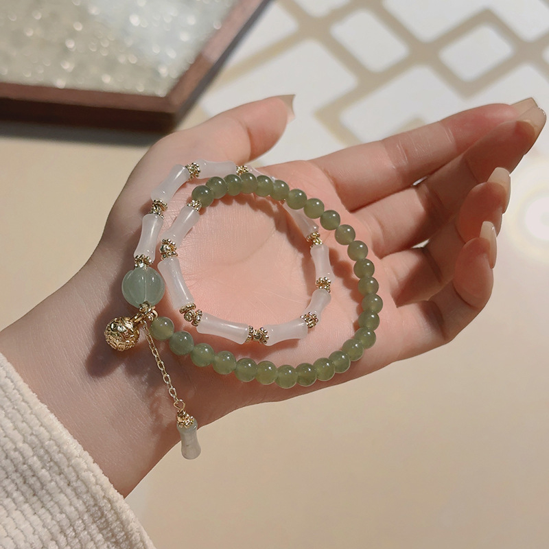 Narukvica od prirodnog Hetian jade s perlicama, novi kineski stil retro dizajn, Dongling jade, Tianšan zelena bambus segmentirana narukvica, poklon za najbolju prijateljicu