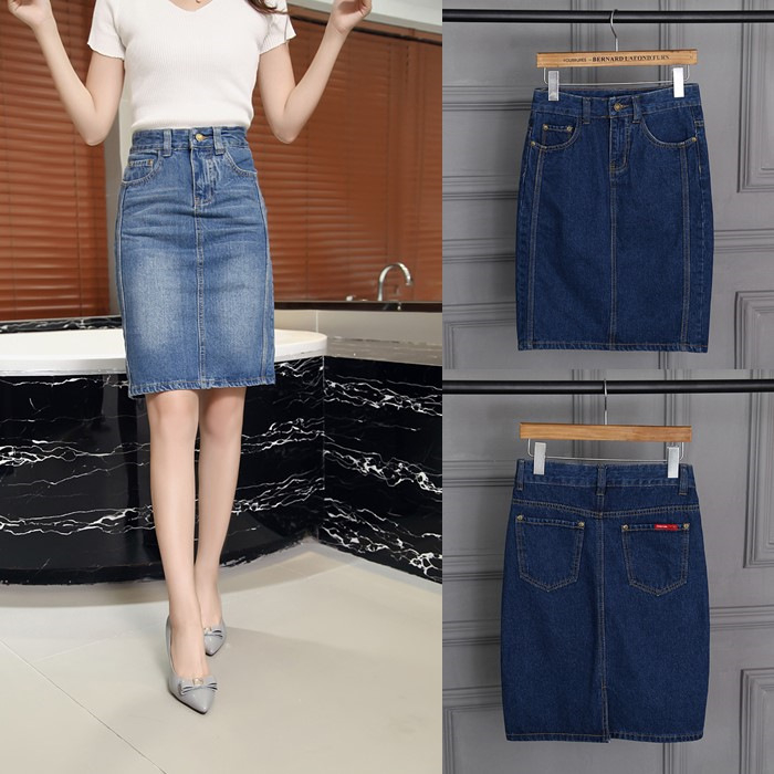 Ženska denim midi suknja s visokim strukom, proljeće-ljeto, srednja dužina, pokriva bokove, velika veličina