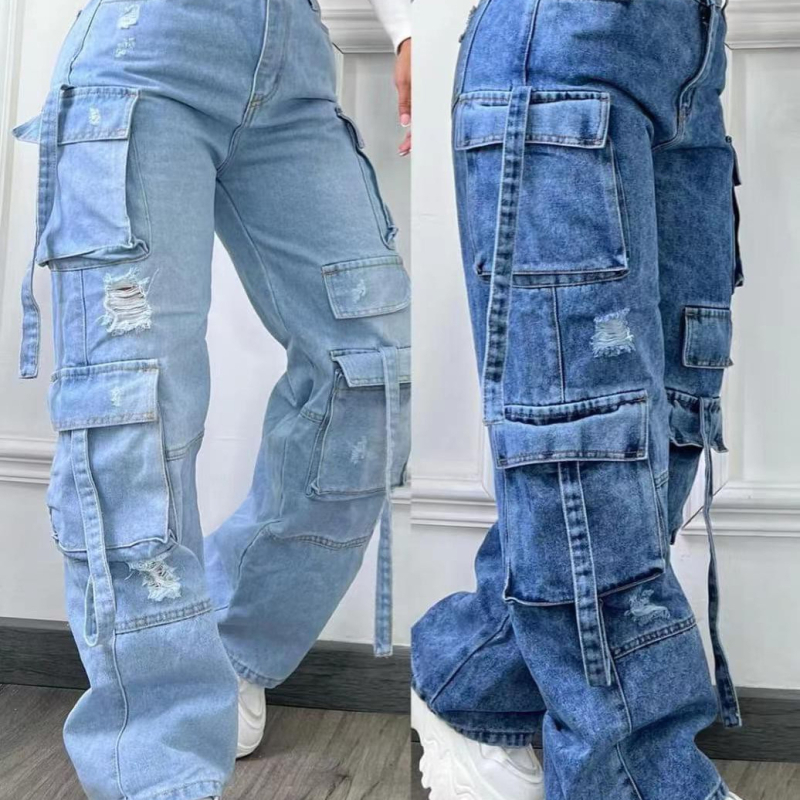 Traperice visokog struka s višestrukim džepovima, plus veličina, casual radni stil, jednobojne