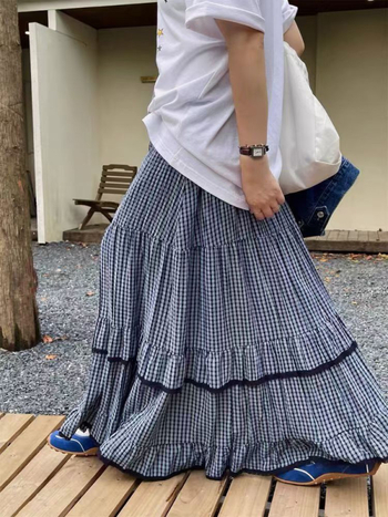 Stilska patchwork karirana midi suknja s volanima, visokim strukom, A-linija, široki donji kraj