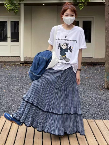 Stilska patchwork karirana midi suknja s volanima, visokim strukom, A-linija, široki donji kraj