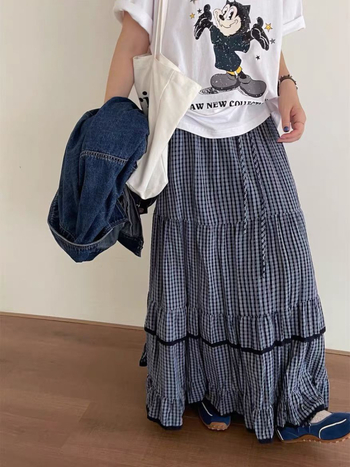 Stilska patchwork karirana midi suknja s volanima, visokim strukom, A-linija, široki donji kraj
