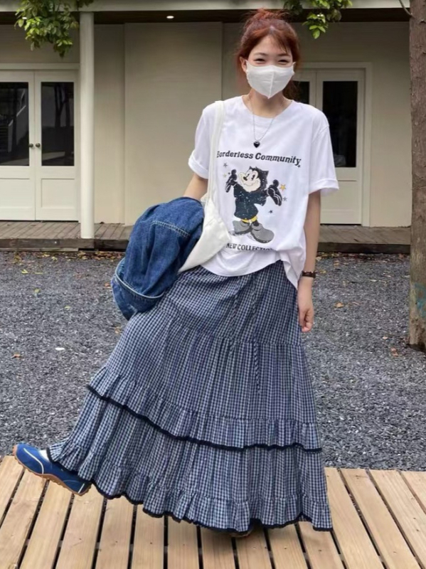 Stilska patchwork karirana midi suknja s volanima, visokim strukom, A-linija, široki donji kraj