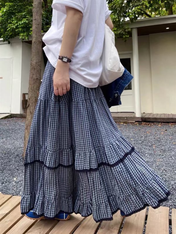 Stilska patchwork karirana midi suknja s volanima, visokim strukom, A-linija, široki donji kraj