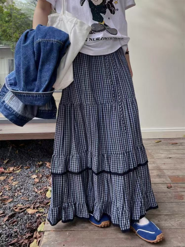Stilska patchwork karirana midi suknja s volanima, visokim strukom, A-linija, široki donji kraj