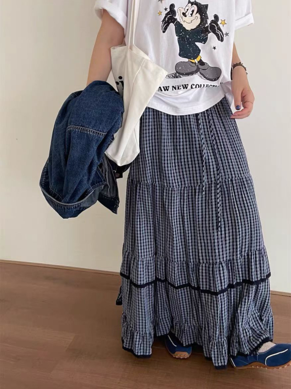 Stilska patchwork karirana midi suknja s volanima, visokim strukom, A-linija, široki donji kraj