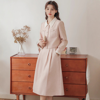 Jesensko-zimski francuski stil bluza i suknja, dvodijelni set u nijansi lotos ružičaste, elegantan diskretan luksuz