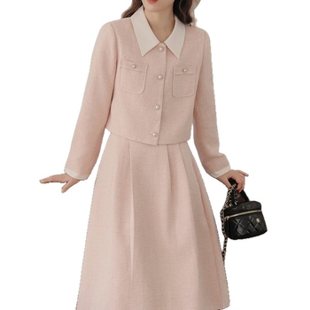 Jesensko-zimski francuski stil bluza i suknja, dvodijelni set u nijansi lotos ružičaste, elegantan diskretan luksuz