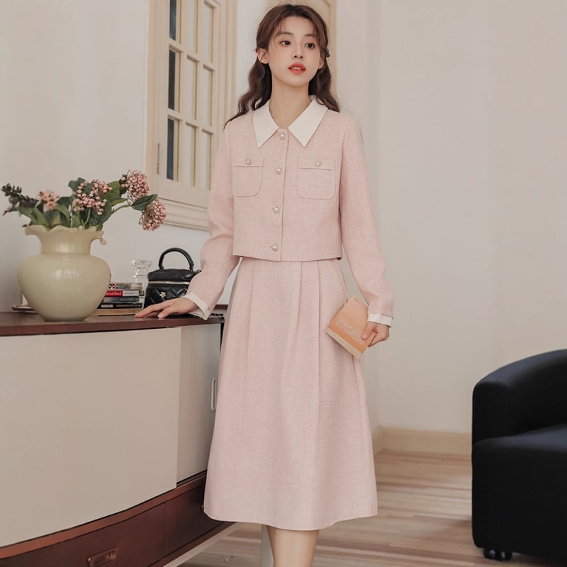 Jesensko-zimski francuski stil bluza i suknja, dvodijelni set u nijansi lotos ružičaste, elegantan diskretan luksuz