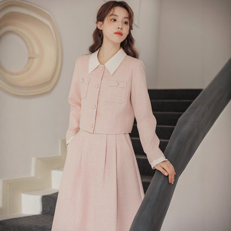 Jesensko-zimski francuski stil bluza i suknja, dvodijelni set u nijansi lotos ružičaste, elegantan diskretan luksuz