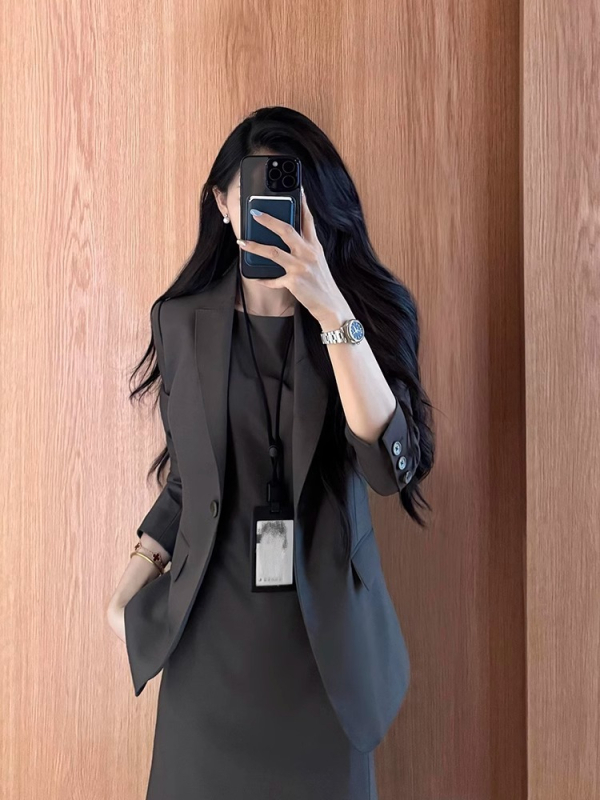 Zeleni dvodijelni ženski uredski kostim sa suknjom, korejskog stila, elegantan i visokokvalitetan set za jesen i zimu