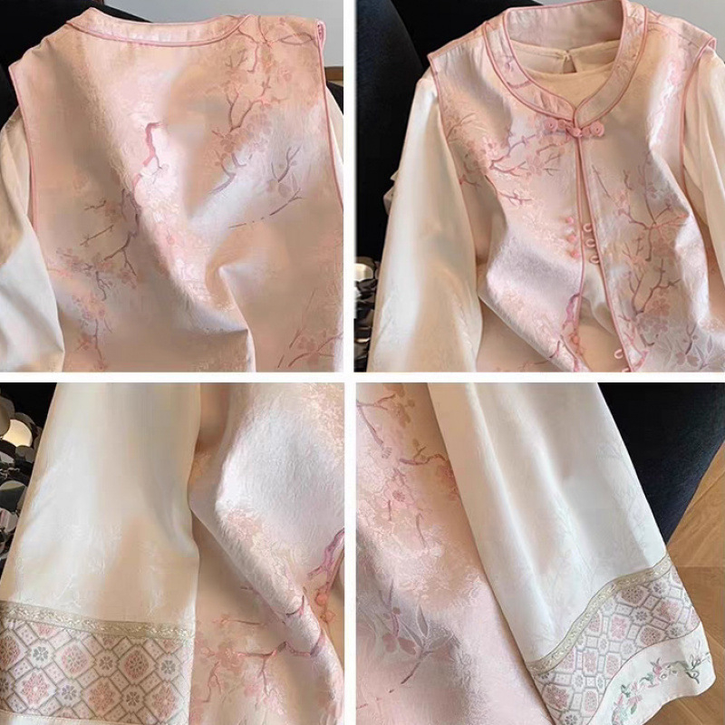 Nova kineskog stila vest s kopčama i džakard košulom, ženski dvodijelni set, proljeće 2025, elegantan top.