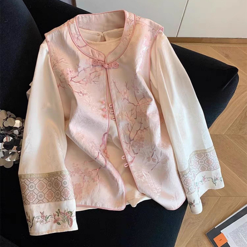 Nova kineskog stila vest s kopčama i džakard košulom, ženski dvodijelni set, proljeće 2025, elegantan top.