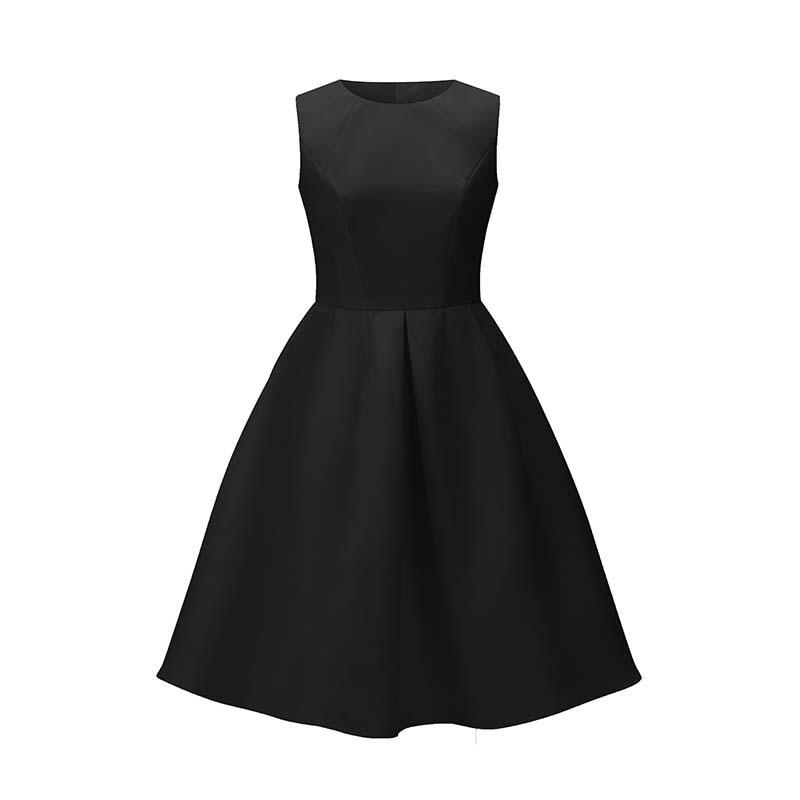 Crna haljina bez rukava, u francuskom stilu za žene, Hepburn stil naglašava struk, A-linija, midi duljina.