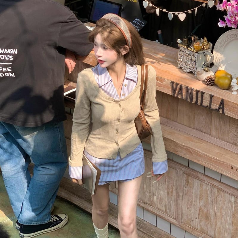 Korejski stil lažno dvodijelni set: bluza s dugim rukavima tip polo i suknja, ženski jesenji kostim 2025