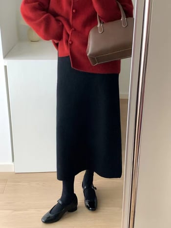 Korejski stil, drapiran, debeli pliš raccoon, midi plisana suknja, visokim strukom, pravilan kroj, jednobojna, jesen-zima