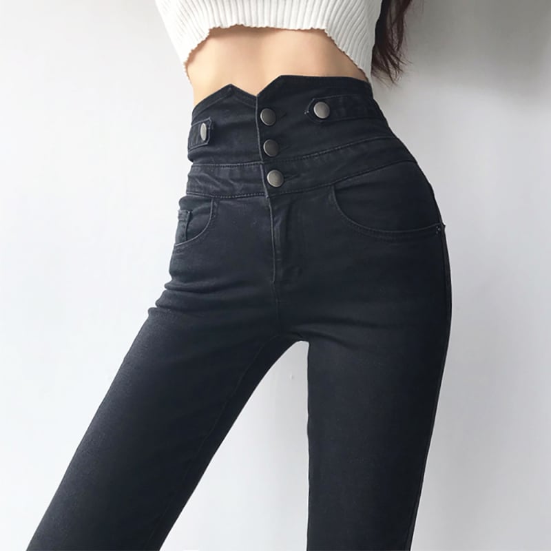 Ženske skinny traperice s visokim strukom i višestrukim gumbima, uski kroj, jesen 2024