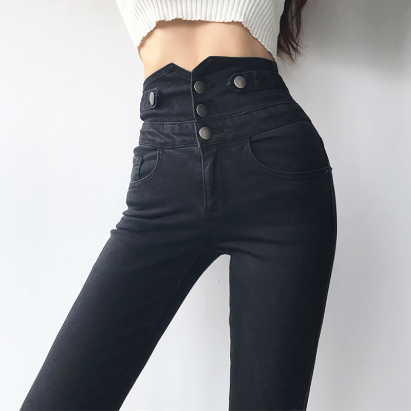 Ženske skinny traperice s visokim strukom i višestrukim gumbima, uski kroj, jesen 2024