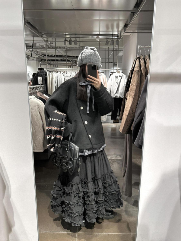 Vintage čipkasta midi suknja za žene, francuski stil, crna, jesen-zima, višeslojna