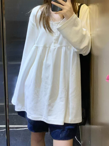 Korejskog stila čipkasta haljina tip baby-doll, dugi rukavi, široka silueta za jesen