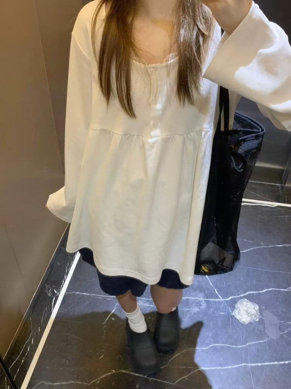 Korejskog stila čipkasta haljina tip baby-doll, dugi rukavi, široka silueta za jesen