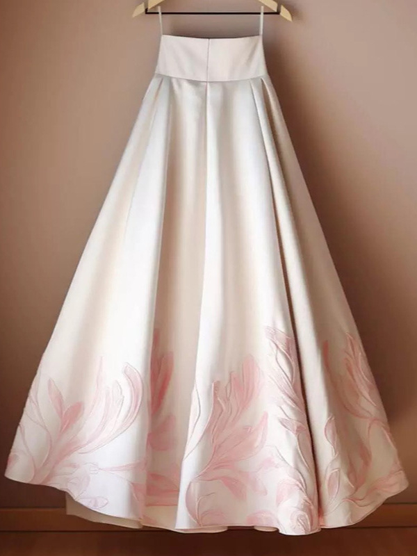 Roza jacquard suknja visokog struka, A-linije kroja, Ma Mian panel, kineski stil.