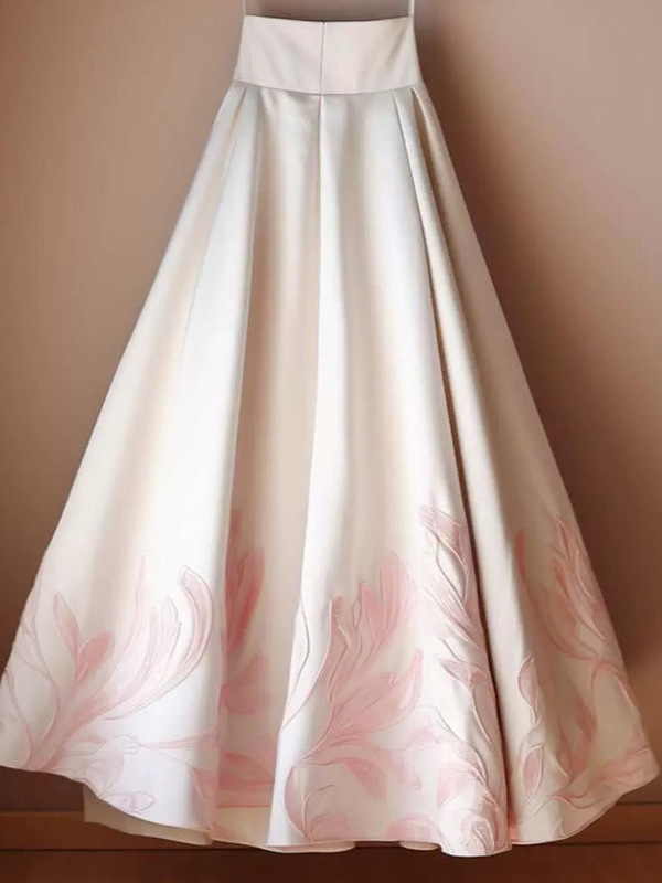 Roza jacquard suknja visokog struka, A-linije kroja, Ma Mian panel, kineski stil.
