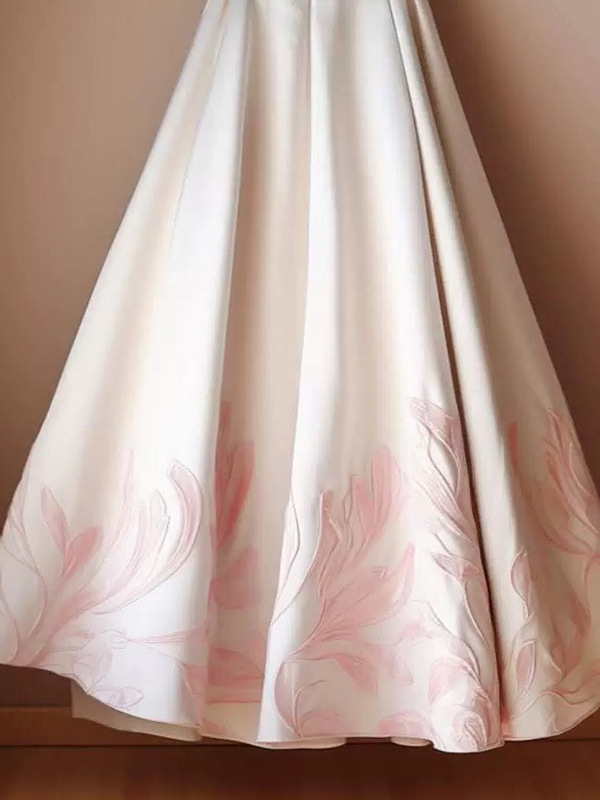 Roza jacquard suknja visokog struka, A-linije kroja, Ma Mian panel, kineski stil.