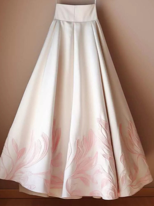 Roza jacquard suknja visokog struka, A-linije kroja, Ma Mian panel, kineski stil.